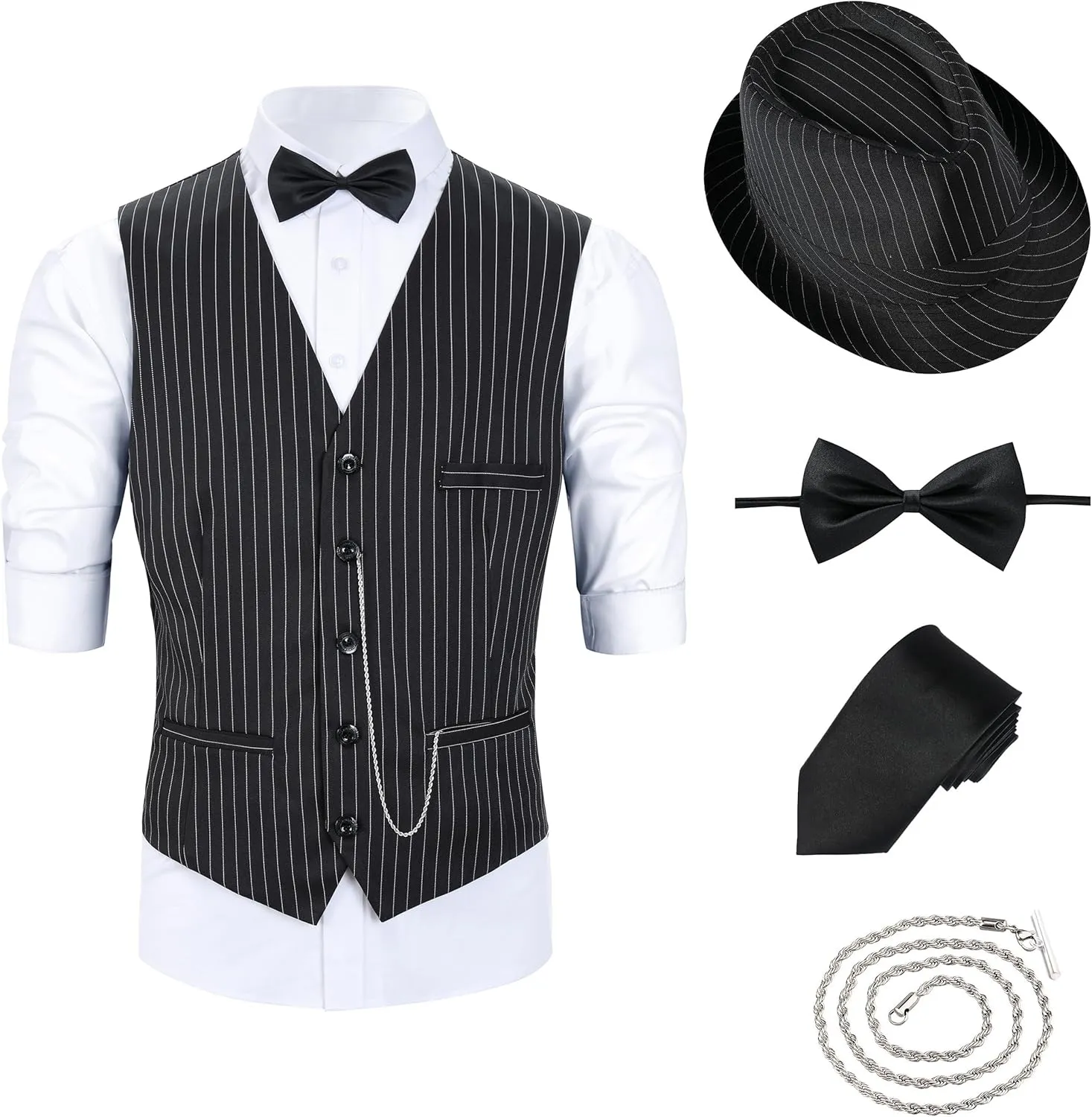1920s Mens Costume Roaring 20s Costumes Outfit with Gangster Vest,Fedora Hat,Bow tie