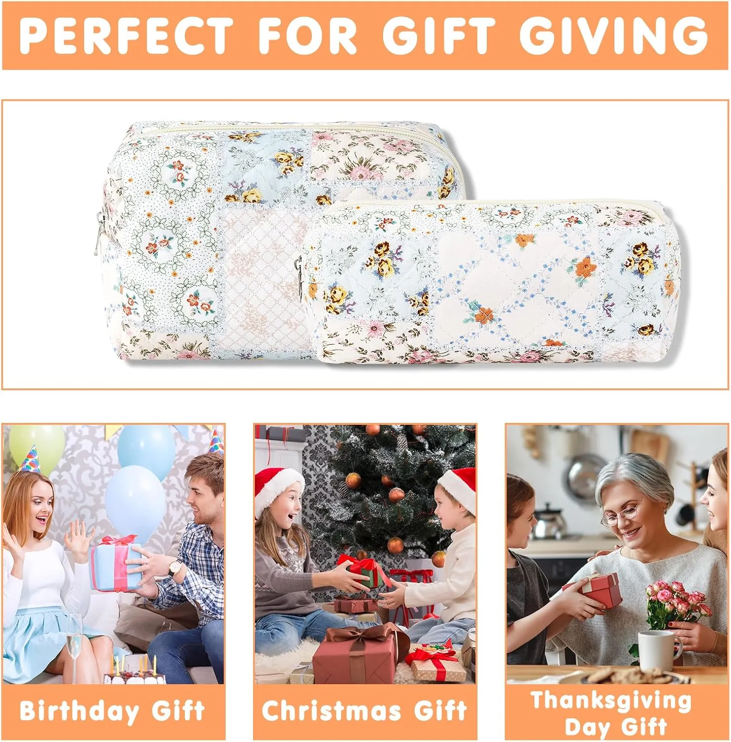 2Pcs Cotton Quilted Makeup Bag for Women Girls Coquette Small Floral Cosmetic Bags Cute Zipper Pencil Pouch Aesthetic Makeup Pouch Trendy Cloth Bee&Flower Travel Toiletry Skincare Bag