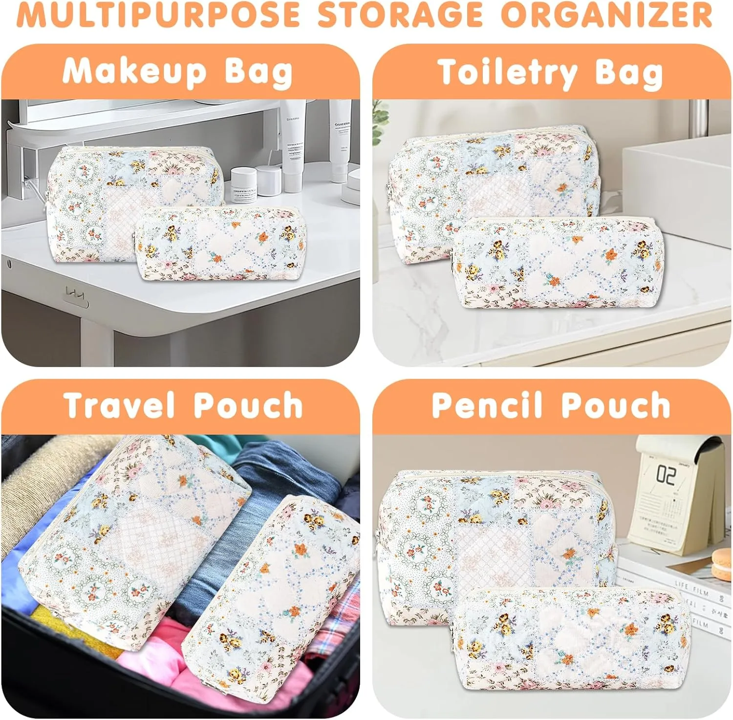 2Pcs Cotton Quilted Makeup Bag for Women Girls Coquette Small Floral Cosmetic Bags Cute Zipper Pencil Pouch Aesthetic Makeup Pouch Trendy Cloth Bee&Flower Travel Toiletry Skincare Bag