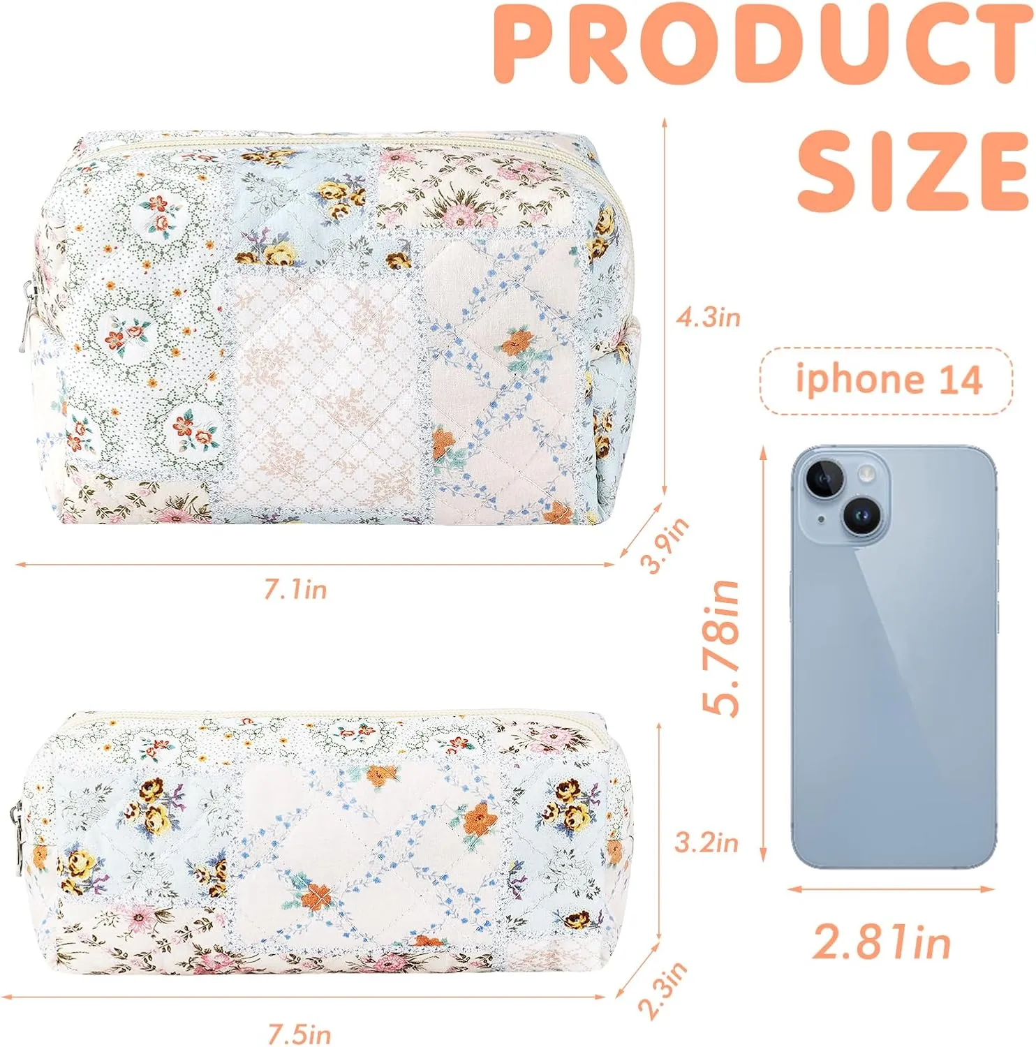 2Pcs Cotton Quilted Makeup Bag for Women Girls Coquette Small Floral Cosmetic Bags Cute Zipper Pencil Pouch Aesthetic Makeup Pouch Trendy Cloth Bee&Flower Travel Toiletry Skincare Bag