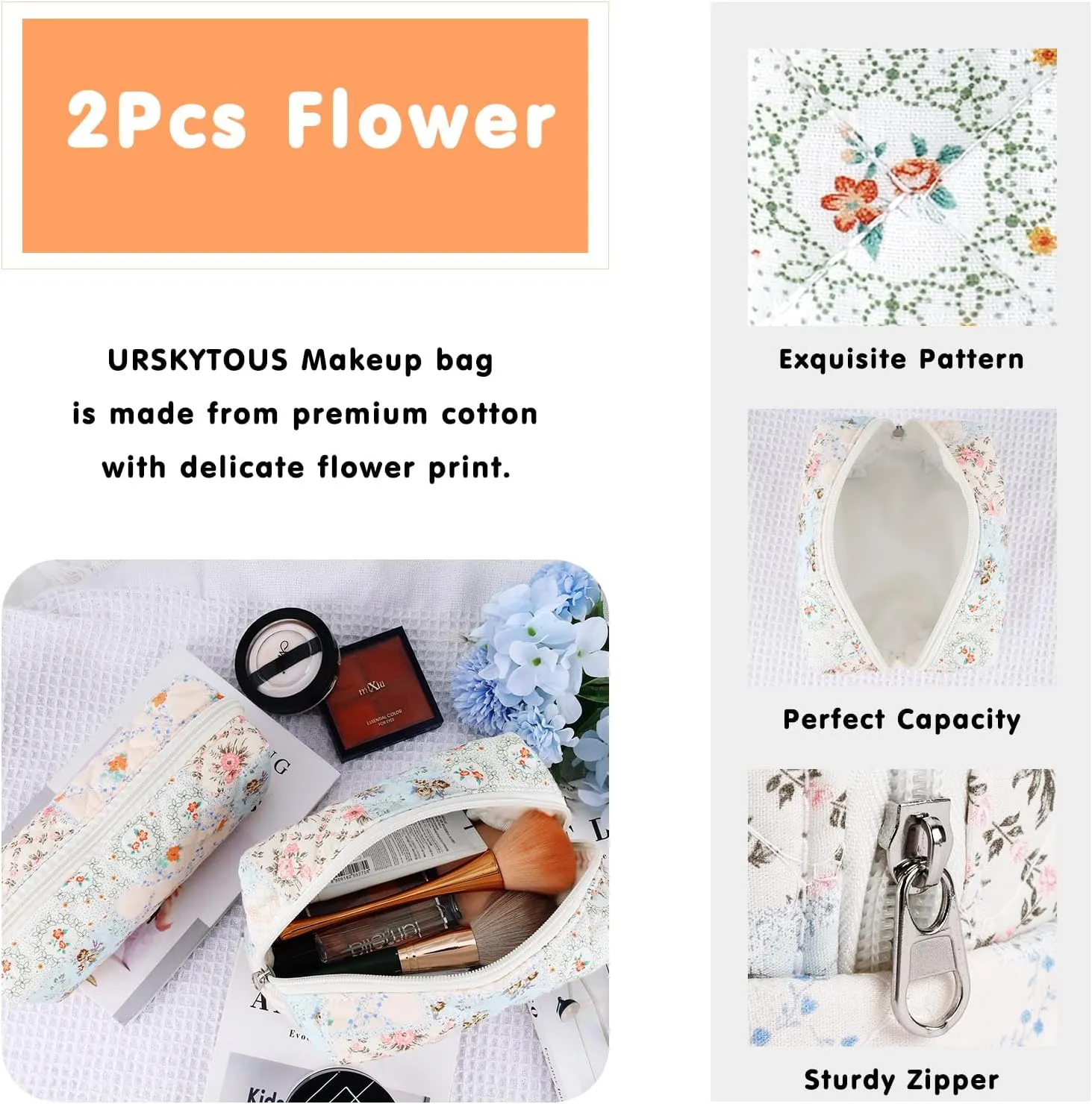 2Pcs Cotton Quilted Makeup Bag for Women Girls Coquette Small Floral Cosmetic Bags Cute Zipper Pencil Pouch Aesthetic Makeup Pouch Trendy Cloth Bee&Flower Travel Toiletry Skincare Bag