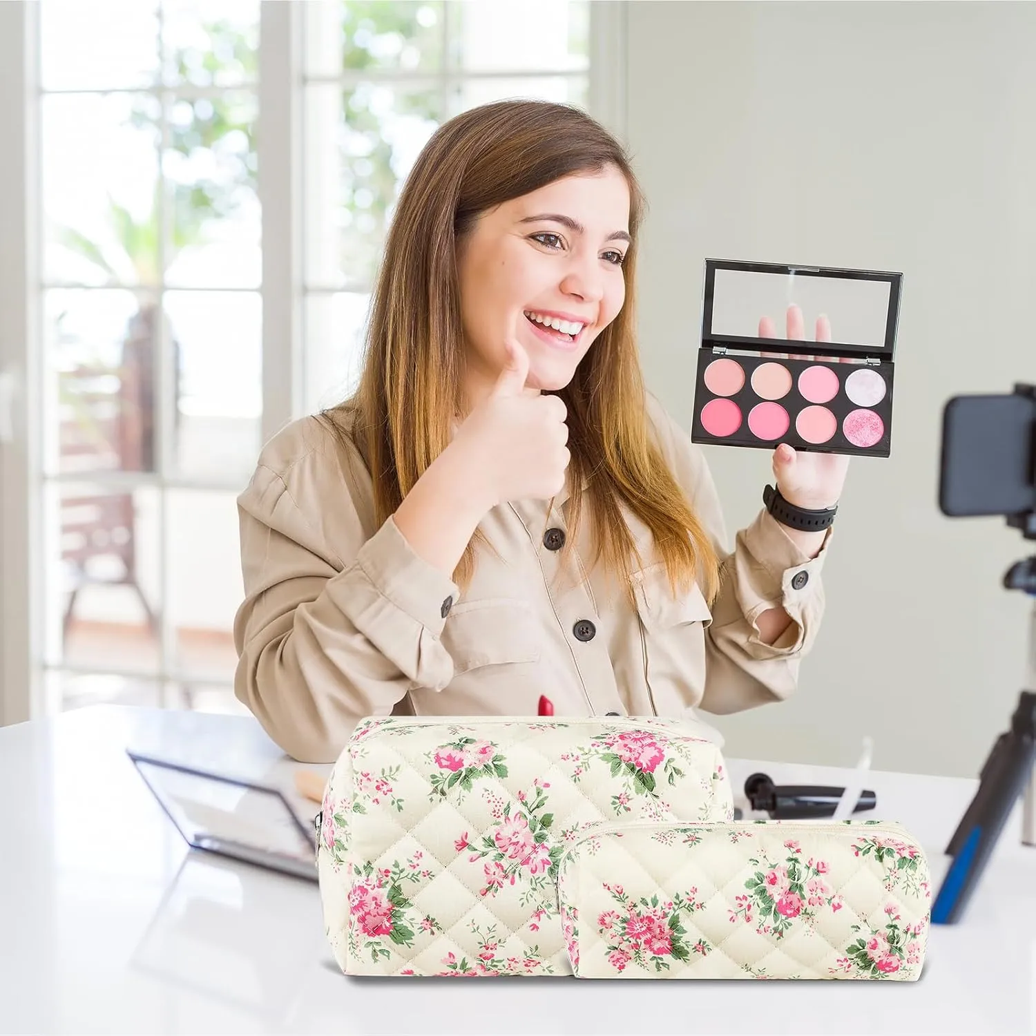 2Pcs Floral Makeup Bag for Women Cotton Quilted Small Coquette Cosmetic Bag Cute Zipper Pink Flower Makeup Pouch Aesthetic Portable Pencil Pouch Travel Toiletry Bag Trendy Cloth Skincare Bag