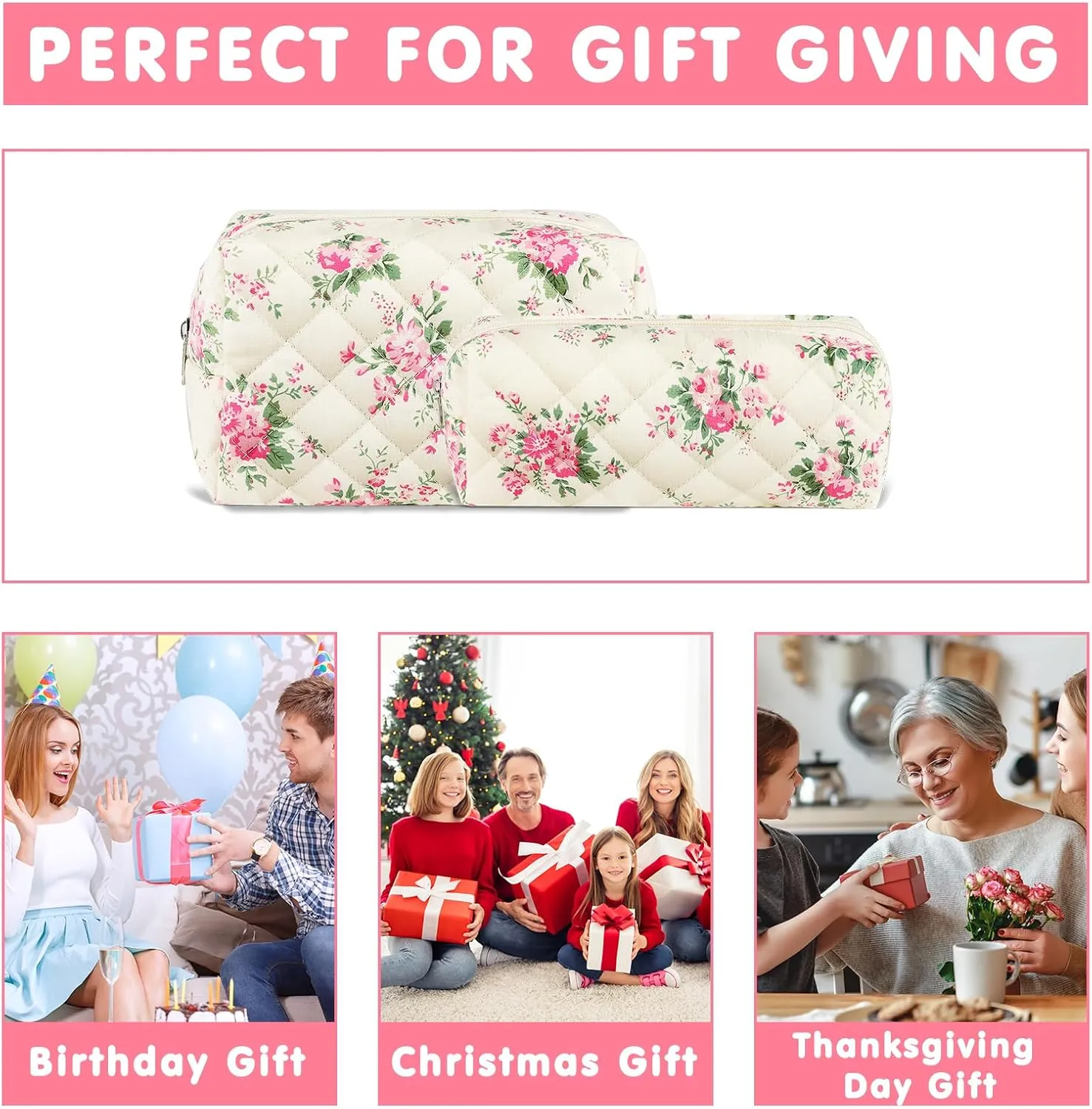 2Pcs Floral Makeup Bag for Women Cotton Quilted Small Coquette Cosmetic Bag Cute Zipper Pink Flower Makeup Pouch Aesthetic Portable Pencil Pouch Travel Toiletry Bag Trendy Cloth Skincare Bag