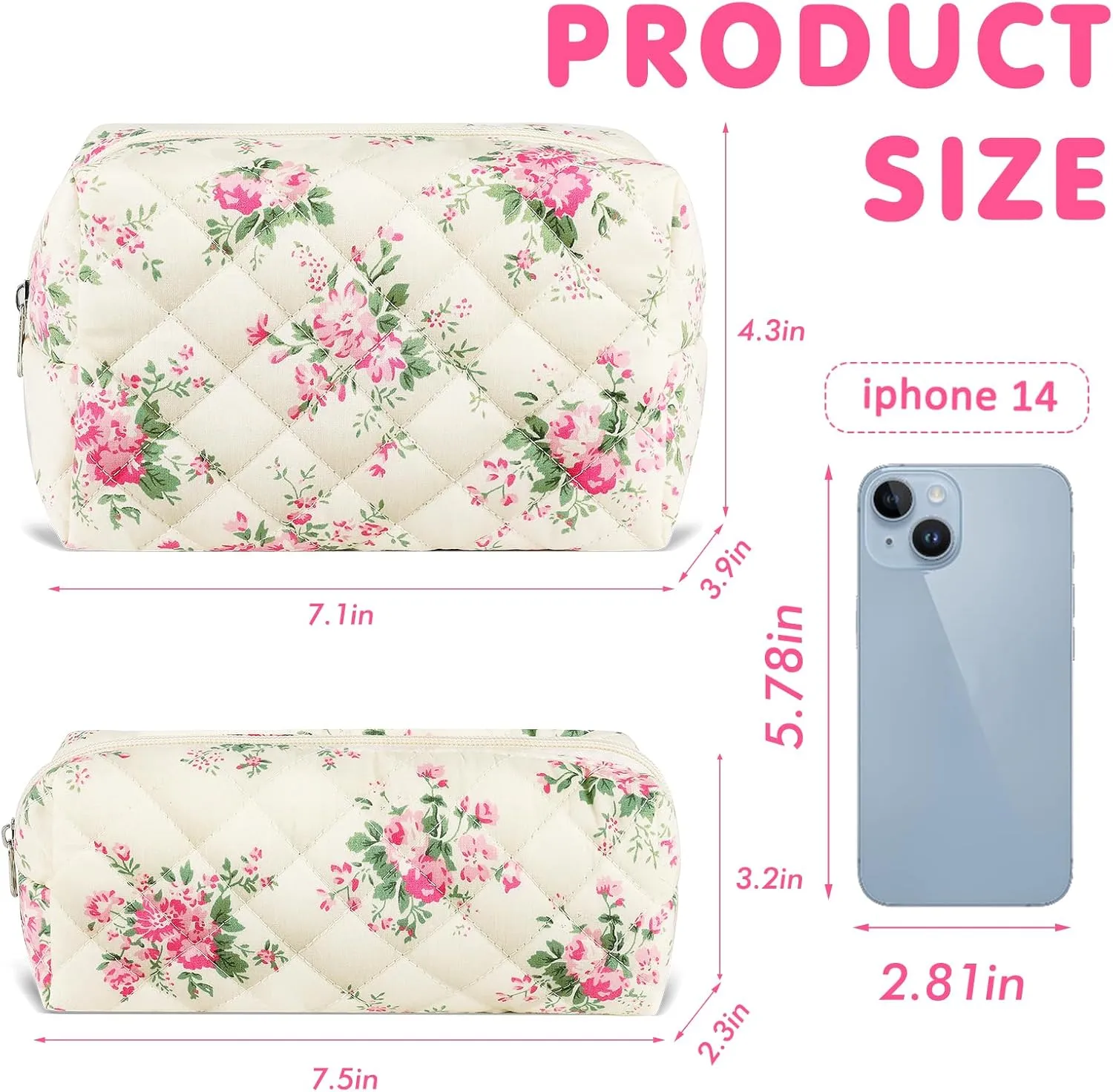 2Pcs Floral Makeup Bag for Women Cotton Quilted Small Coquette Cosmetic Bag Cute Zipper Pink Flower Makeup Pouch Aesthetic Portable Pencil Pouch Travel Toiletry Bag Trendy Cloth Skincare Bag