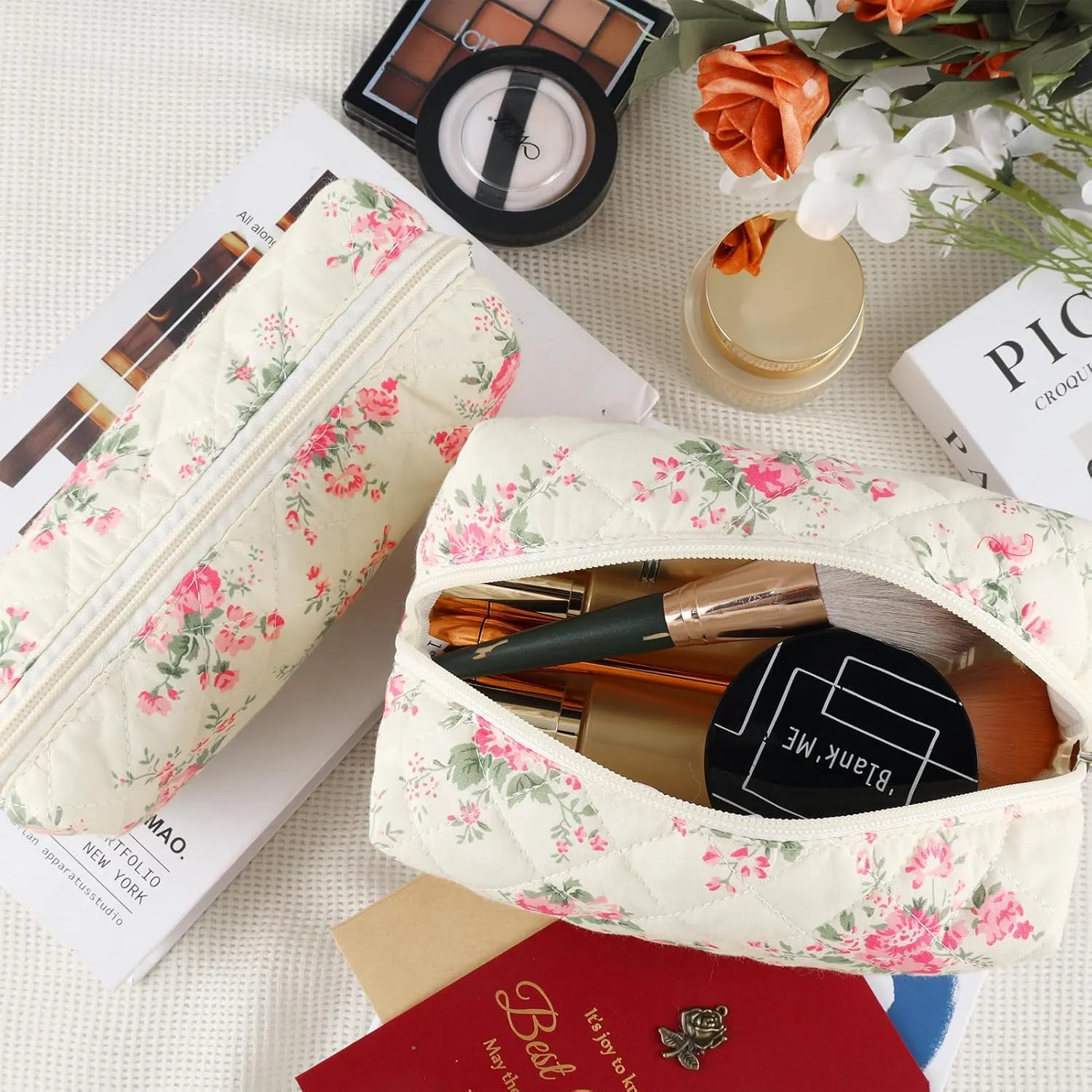 2Pcs Floral Makeup Bag for Women Cotton Quilted Small Coquette Cosmetic Bag Cute Zipper Pink Flower Makeup Pouch Aesthetic Portable Pencil Pouch Travel Toiletry Bag Trendy Cloth Skincare Bag