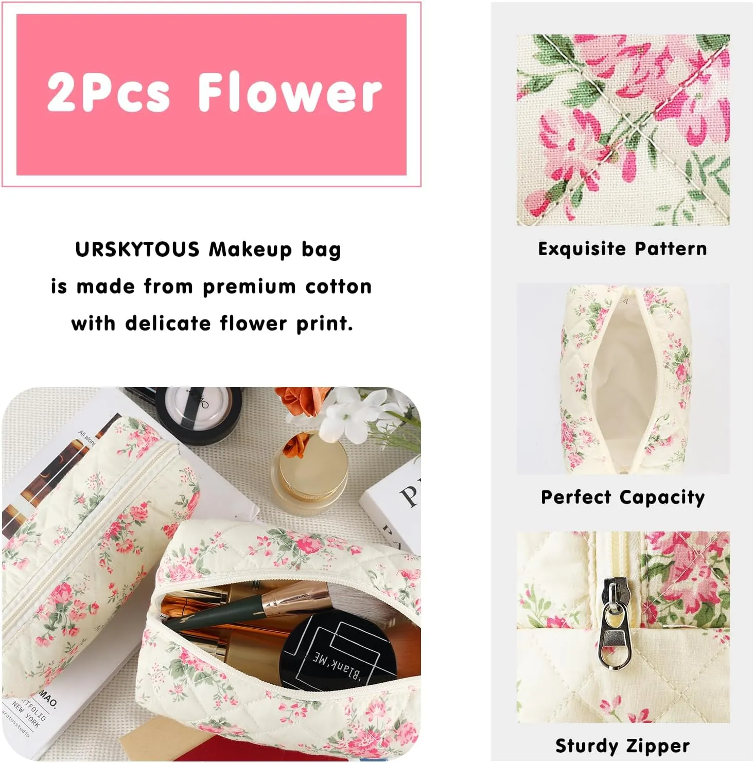 2Pcs Floral Makeup Bag for Women Cotton Quilted Small Coquette Cosmetic Bag Cute Zipper Pink Flower Makeup Pouch Aesthetic Portable Pencil Pouch Travel Toiletry Bag Trendy Cloth Skincare Bag