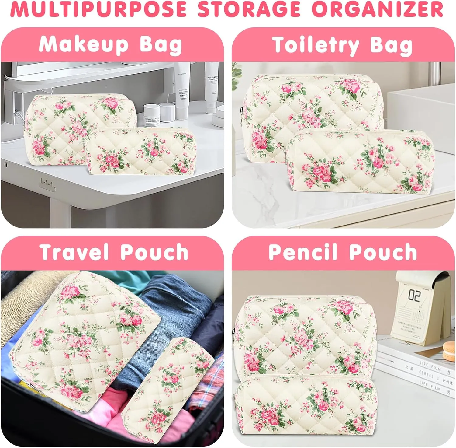 2Pcs Floral Makeup Bag for Women Cotton Quilted Small Coquette Cosmetic Bag Cute Zipper Pink Flower Makeup Pouch Aesthetic Portable Pencil Pouch Travel Toiletry Bag Trendy Cloth Skincare Bag