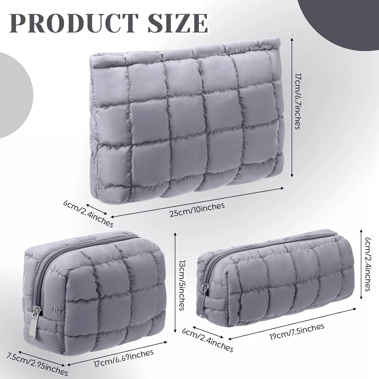 3 Pcs Puffy Makeup Bag Quilted Cosmetic Pouch for Women Cute Checkered Travel Toiletry Bag Puffer Makeup Organizer Purse Pouch Preppy Pencil Case with Zipper