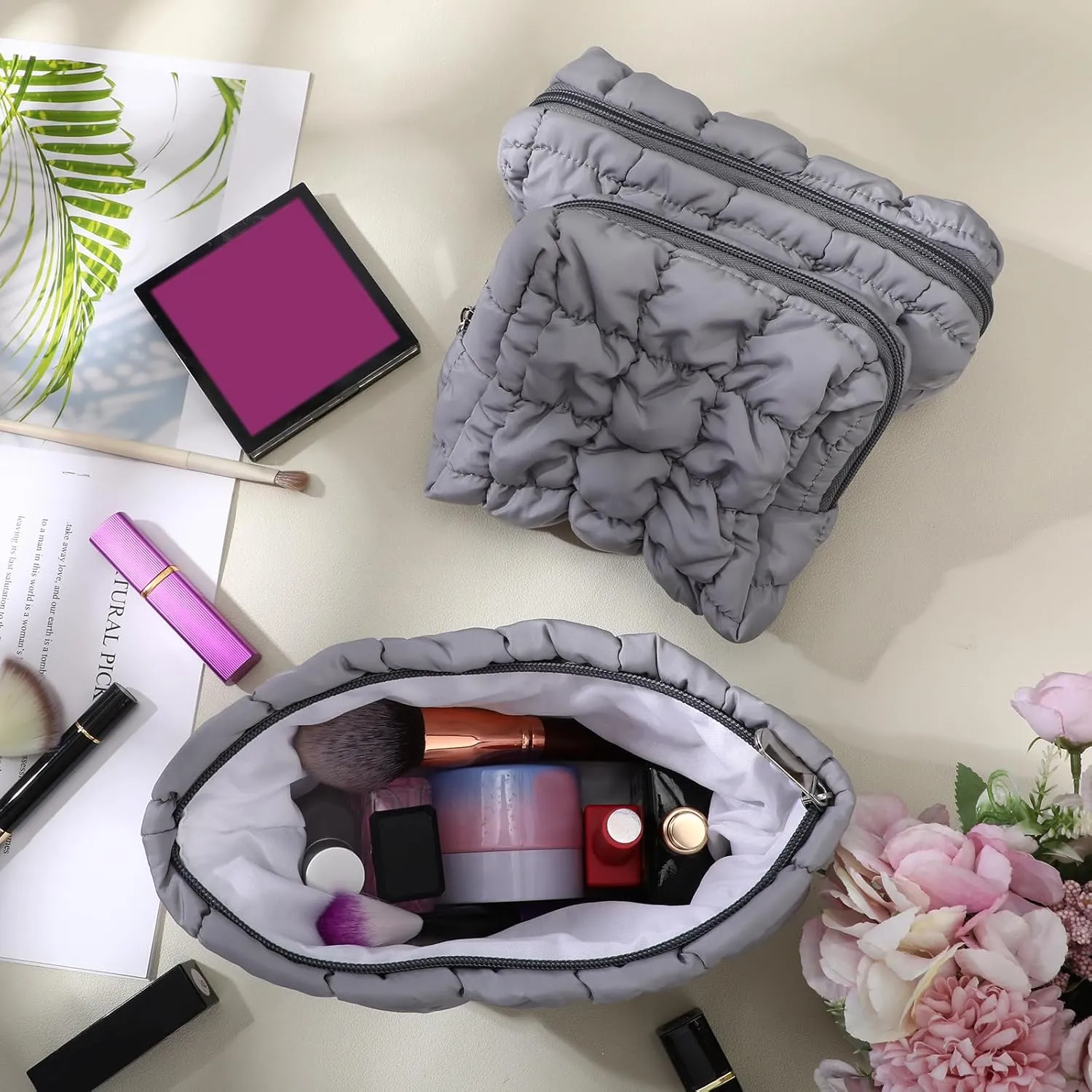 3 Pcs Puffy Makeup Bag Quilted Cosmetic Pouch for Women Cute Checkered Travel Toiletry Bag Puffer Makeup Organizer Purse Pouch Preppy Pencil Case with Zipper