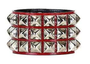 3 Row Shiny Red Patent Leather Pyramid Stud Wristband