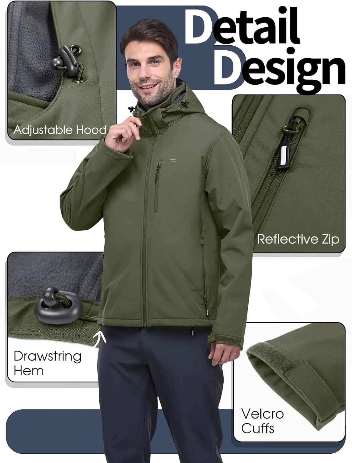 33,000ft Men's Softshell Jacket with Hood Fleece Lined Windbreaker Lightweight Waterproof Jackets for Hiking