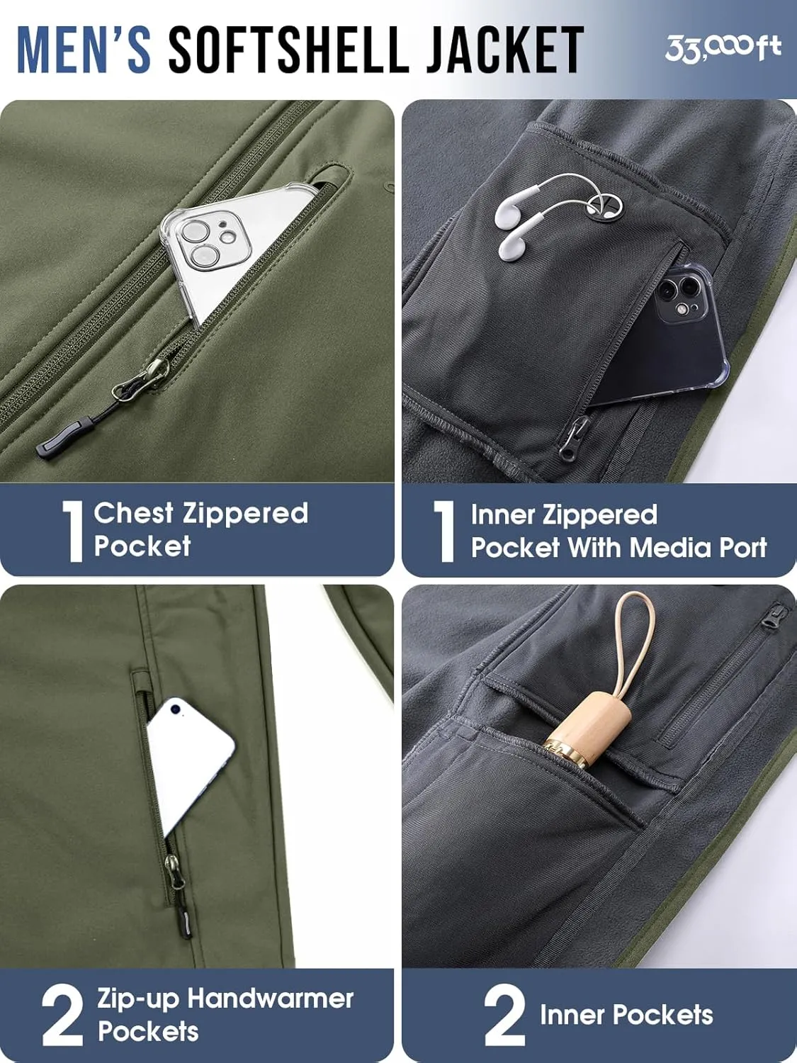 33,000ft Men's Softshell Jacket with Hood Fleece Lined Windbreaker Lightweight Waterproof Jackets for Hiking