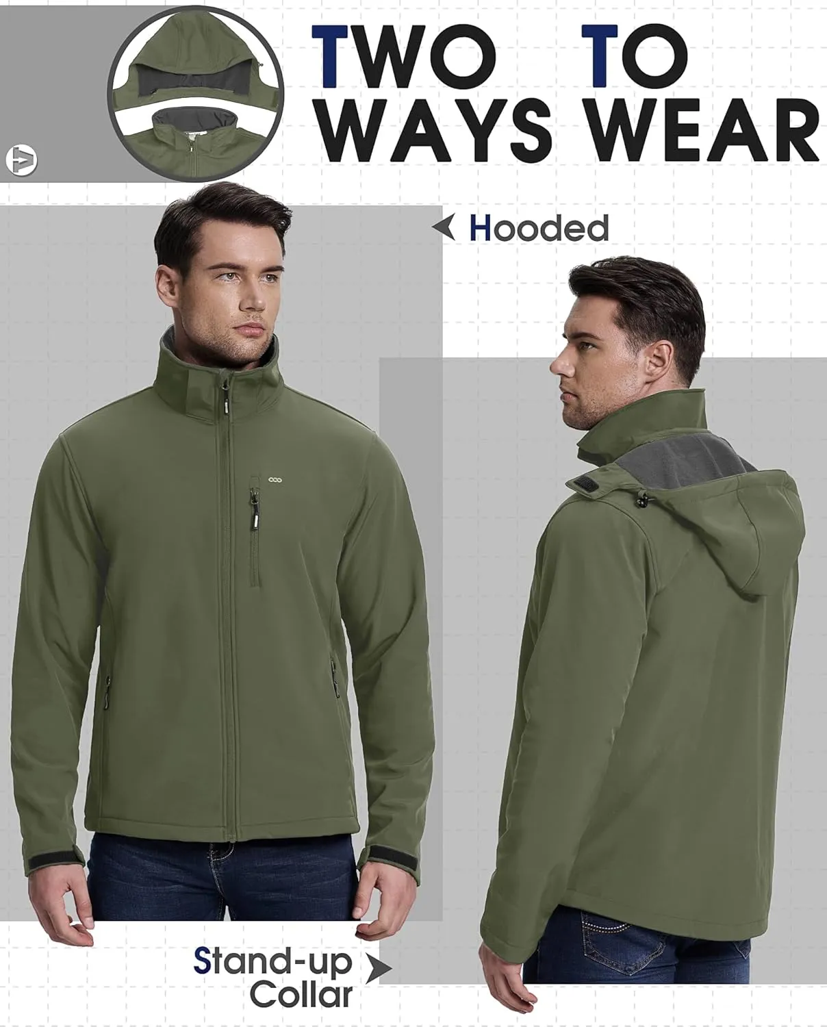 33,000ft Men's Softshell Jacket with Hood Fleece Lined Windbreaker Lightweight Waterproof Jackets for Hiking