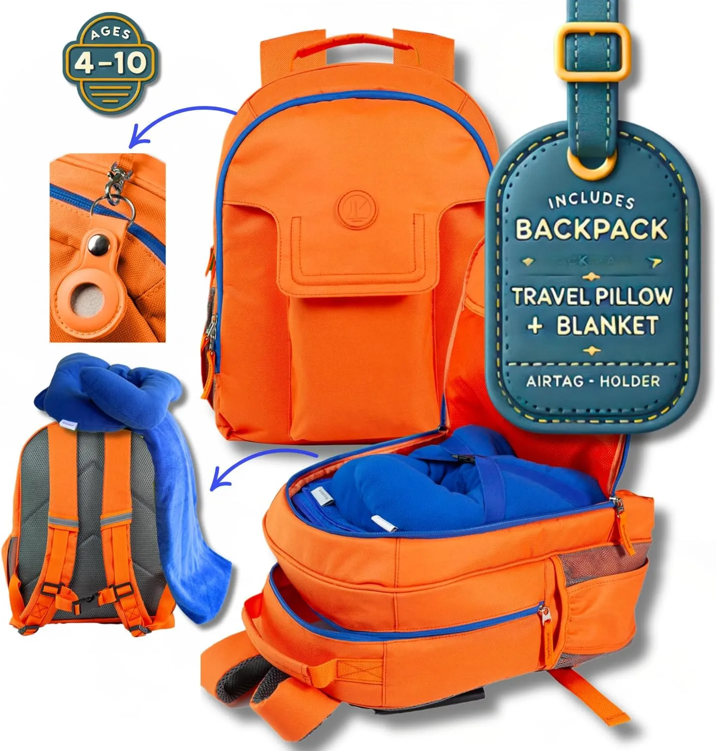 3pc Kids Travel Backpack Set  kids travel blanket and pillow set | AirTag holder included | Toddler road trip essentials & Kids travel essentials ages 4-10