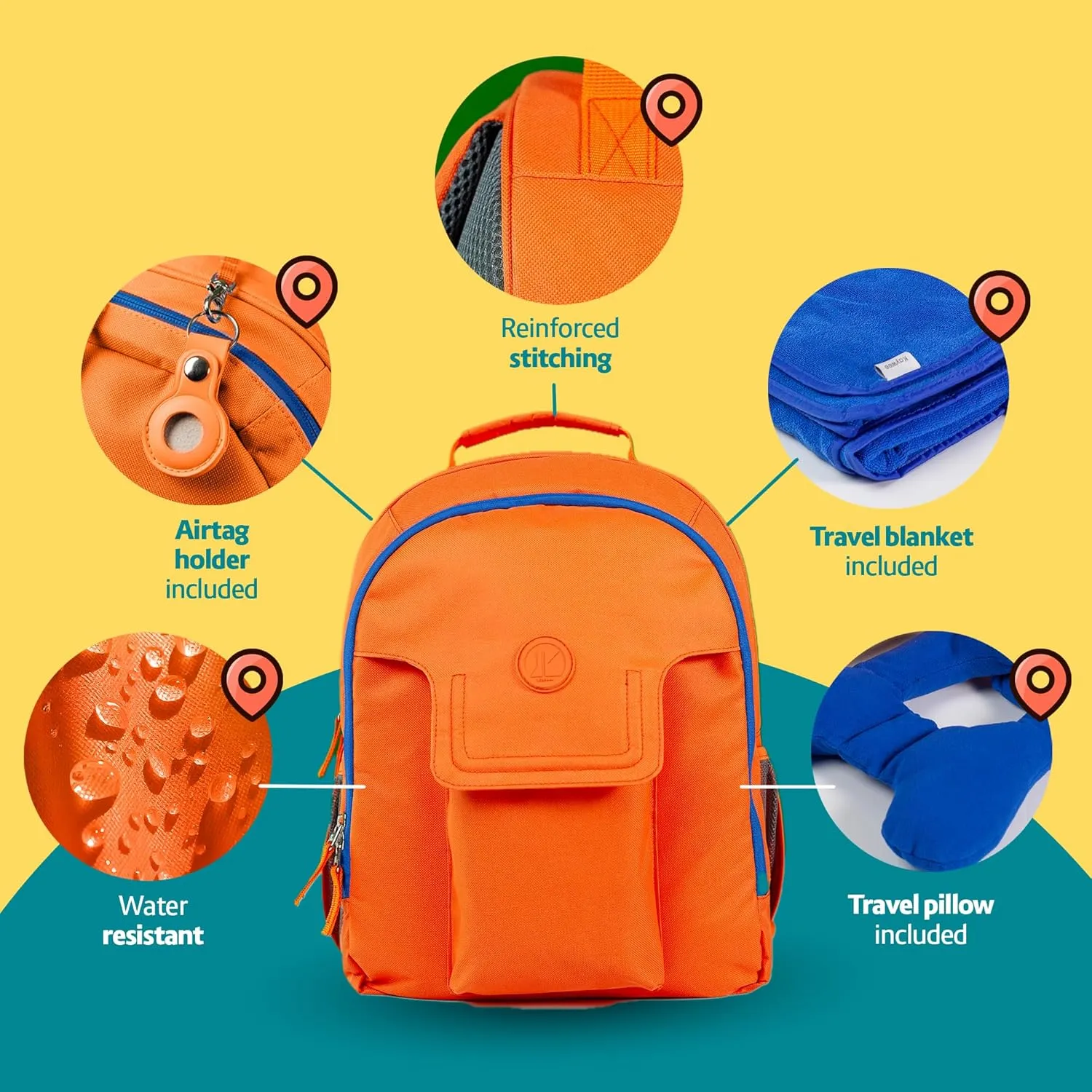 3pc Kids Travel Backpack Set  kids travel blanket and pillow set | AirTag holder included | Toddler road trip essentials & Kids travel essentials ages 4-10