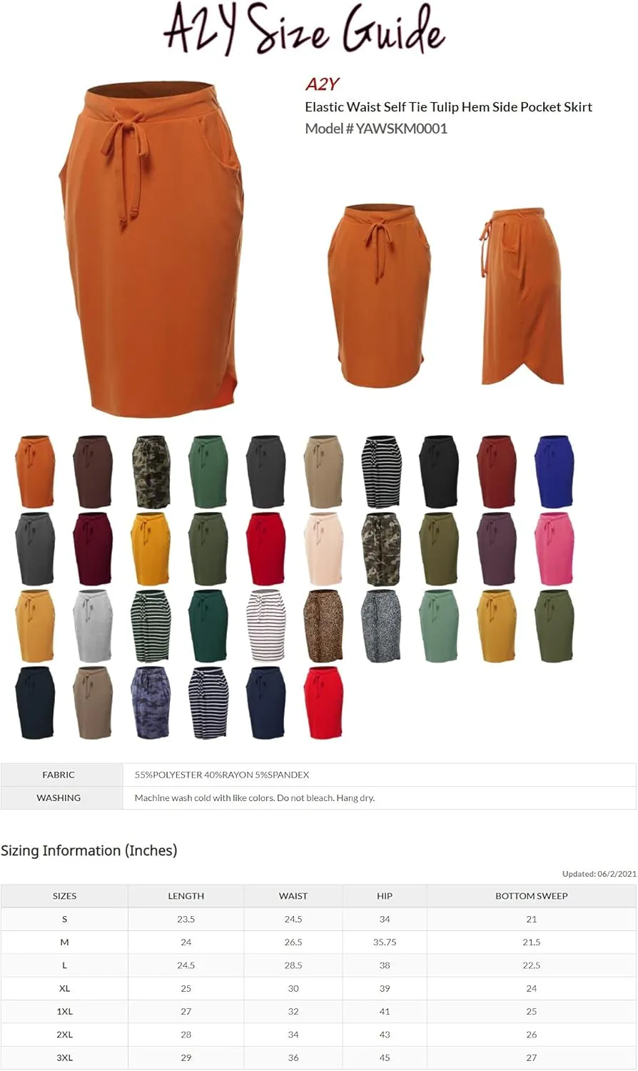 A2Y Women's Elastic Waist Self Tie Tulip Hem Side Pocket Skirt