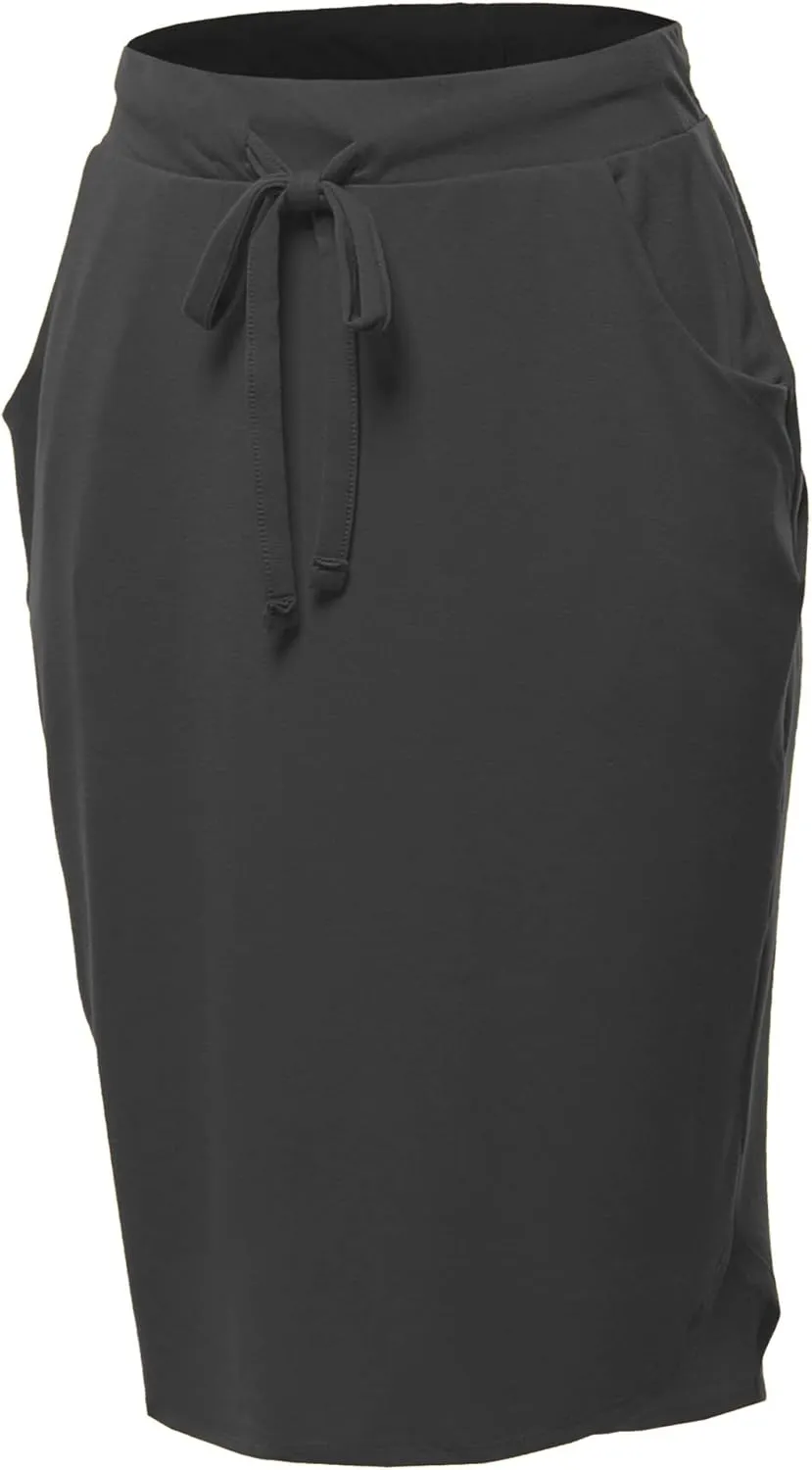 A2Y Women's Elastic Waist Self Tie Tulip Hem Side Pocket Skirt