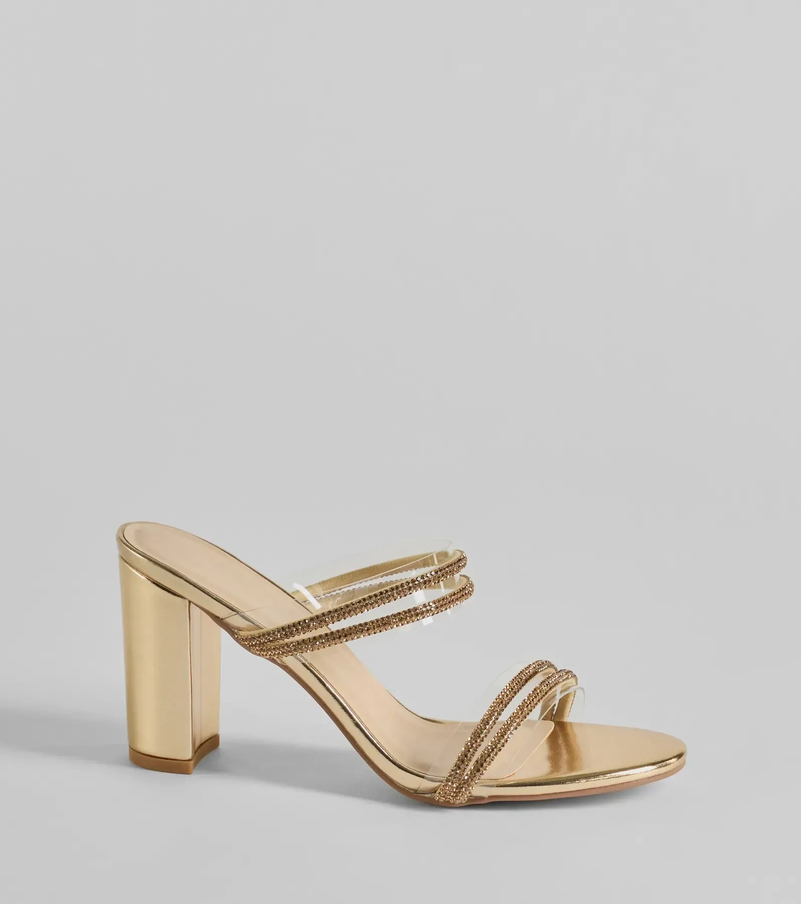 All The Glam Rhinestone Clear Strap Block Heels