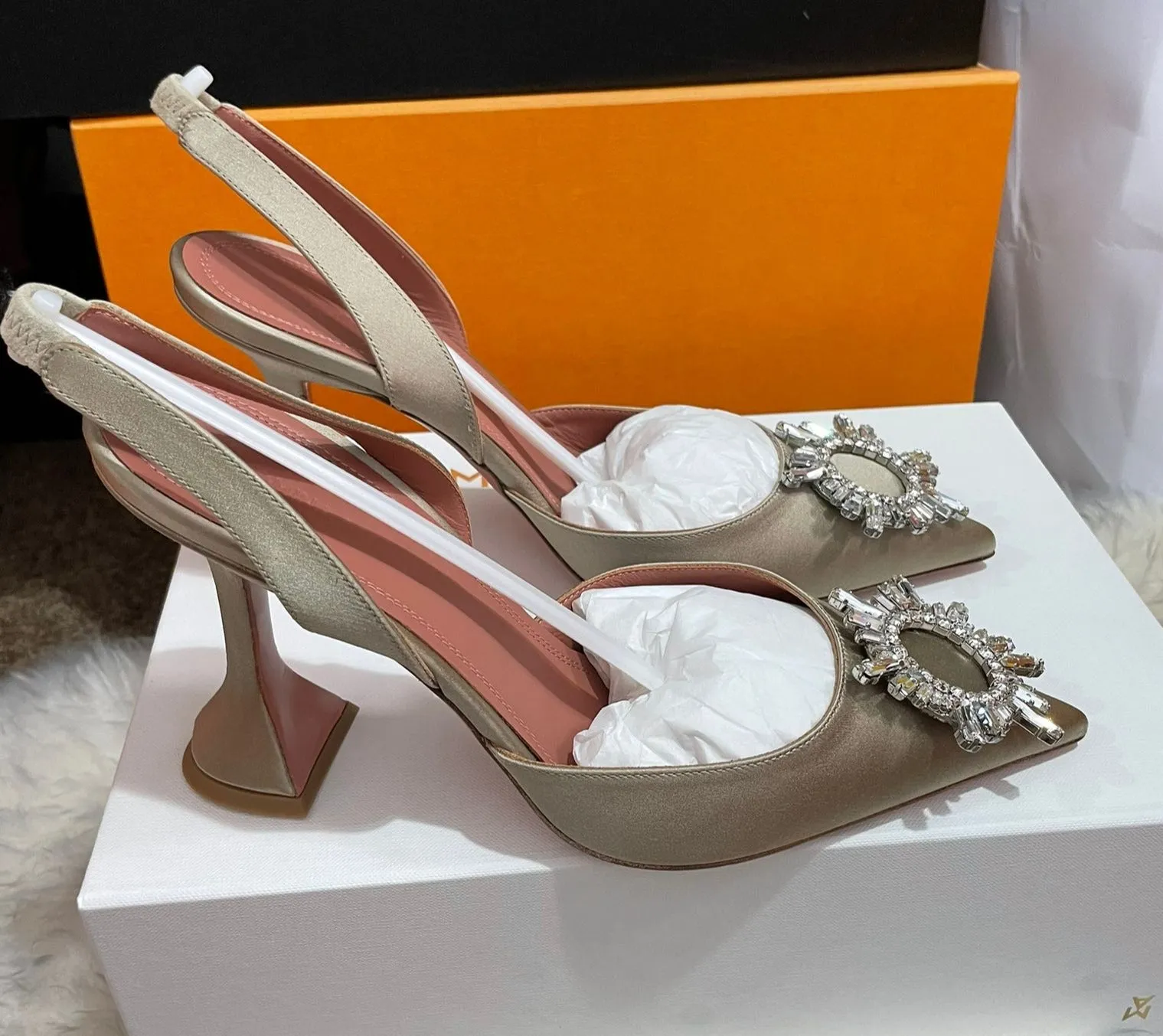 Amina Muaddi Begum Crystal Satin Beige Slingback Pumps