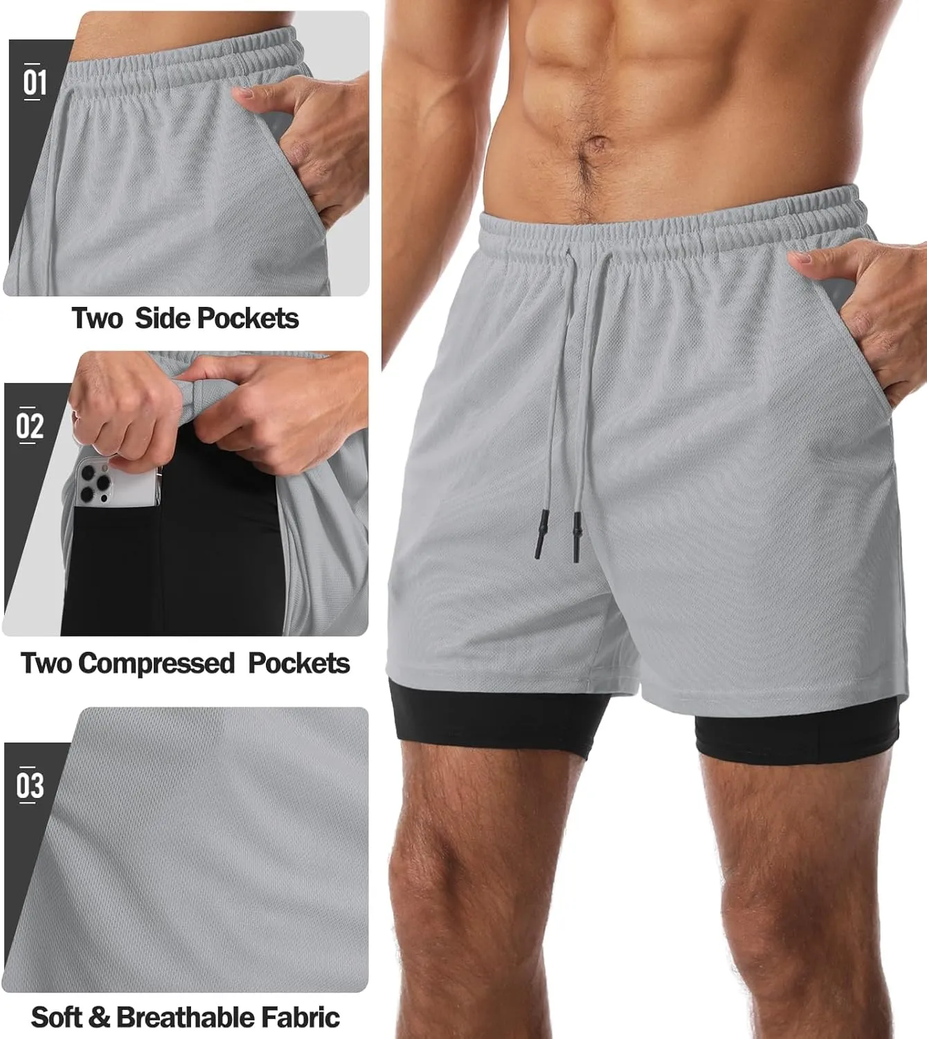 Aolesy Men's 2 in 1 Running Shorts Quick Dry Gym 5" Athletic Workout Shorts with Pockets