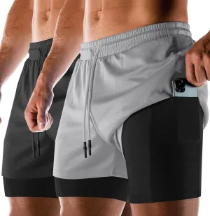 Aolesy Men's 2 in 1 Running Shorts Quick Dry Gym 5" Athletic Workout Shorts with Pockets