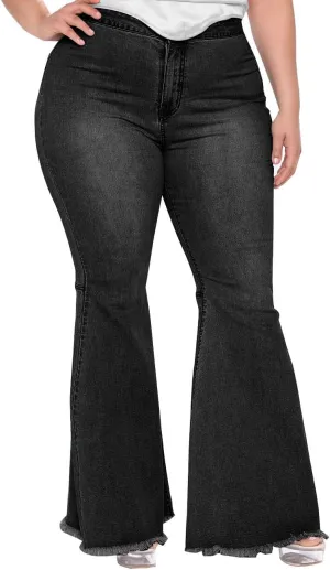 BessCops Plus Size Bell Bottom Jeans for Women Elastic High Waisted Classic Flared Denim Pants