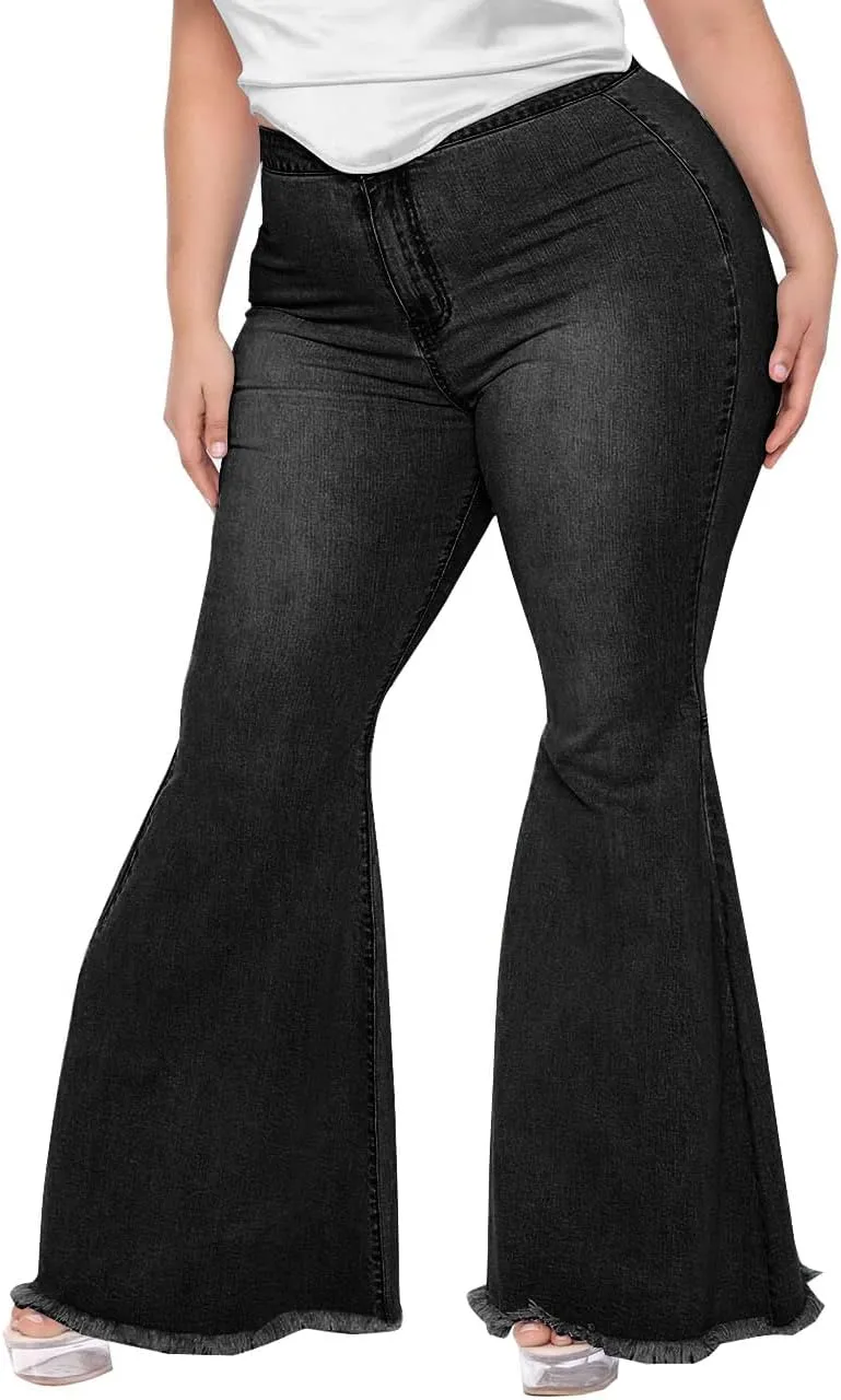 BessCops Plus Size Bell Bottom Jeans for Women Elastic High Waisted Classic Flared Denim Pants