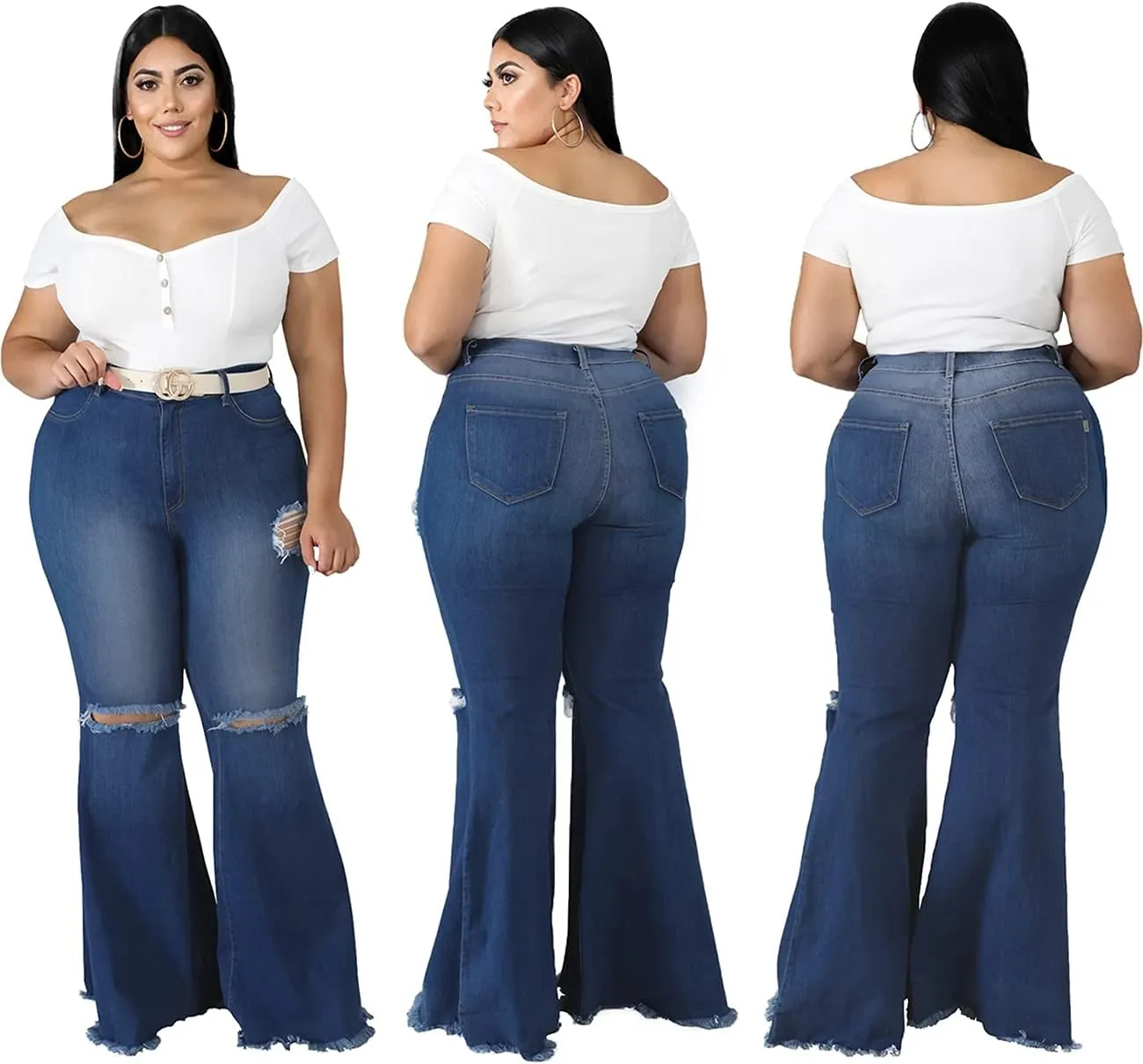 BessCops Plus Size Bell Bottom Jeans for Women Elastic High Waisted Classic Flared Denim Pants