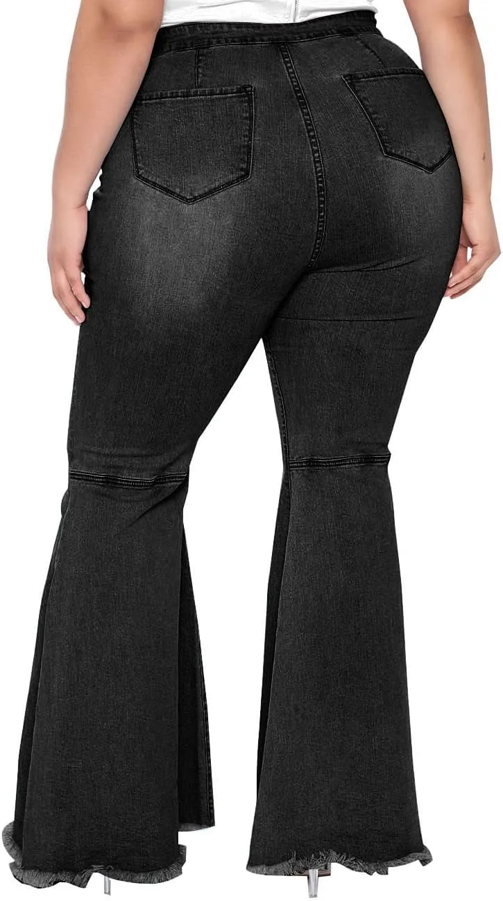 BessCops Plus Size Bell Bottom Jeans for Women Elastic High Waisted Classic Flared Denim Pants
