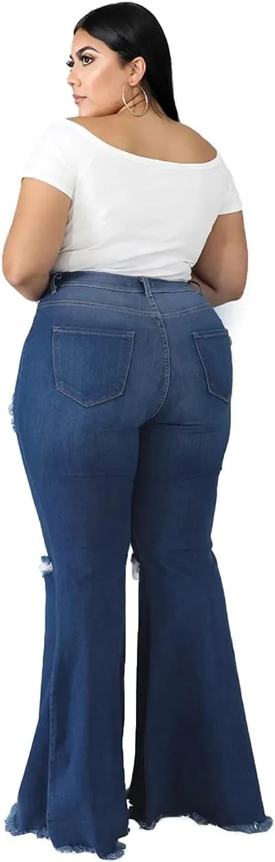 BessCops Plus Size Bell Bottom Jeans for Women Elastic High Waisted Classic Flared Denim Pants