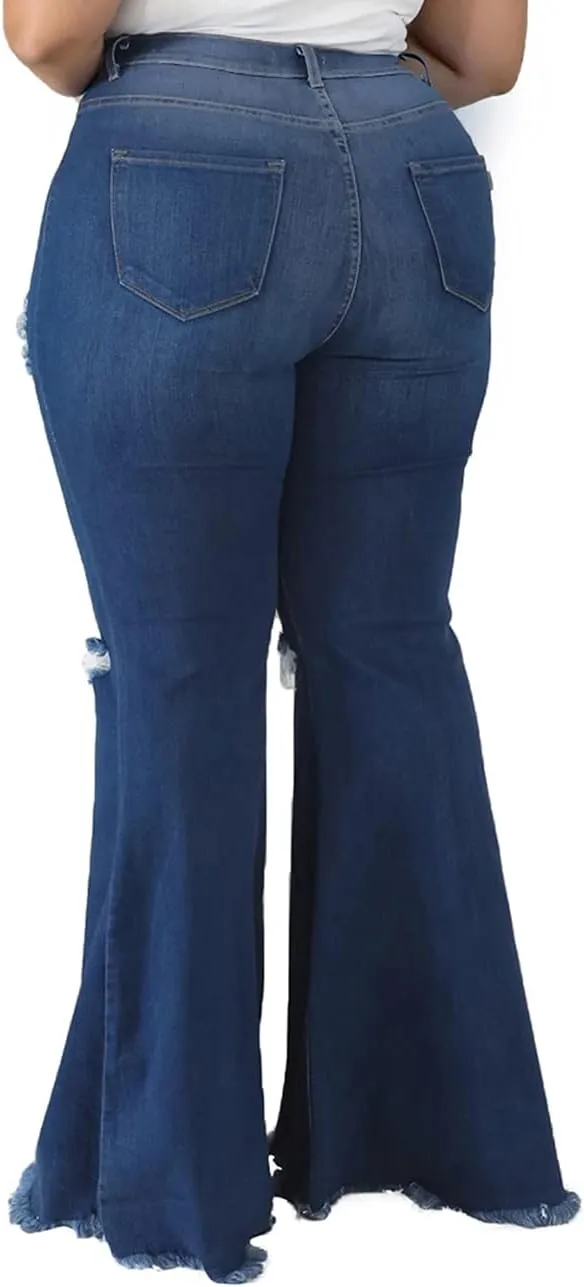 BessCops Plus Size Bell Bottom Jeans for Women Elastic High Waisted Classic Flared Denim Pants