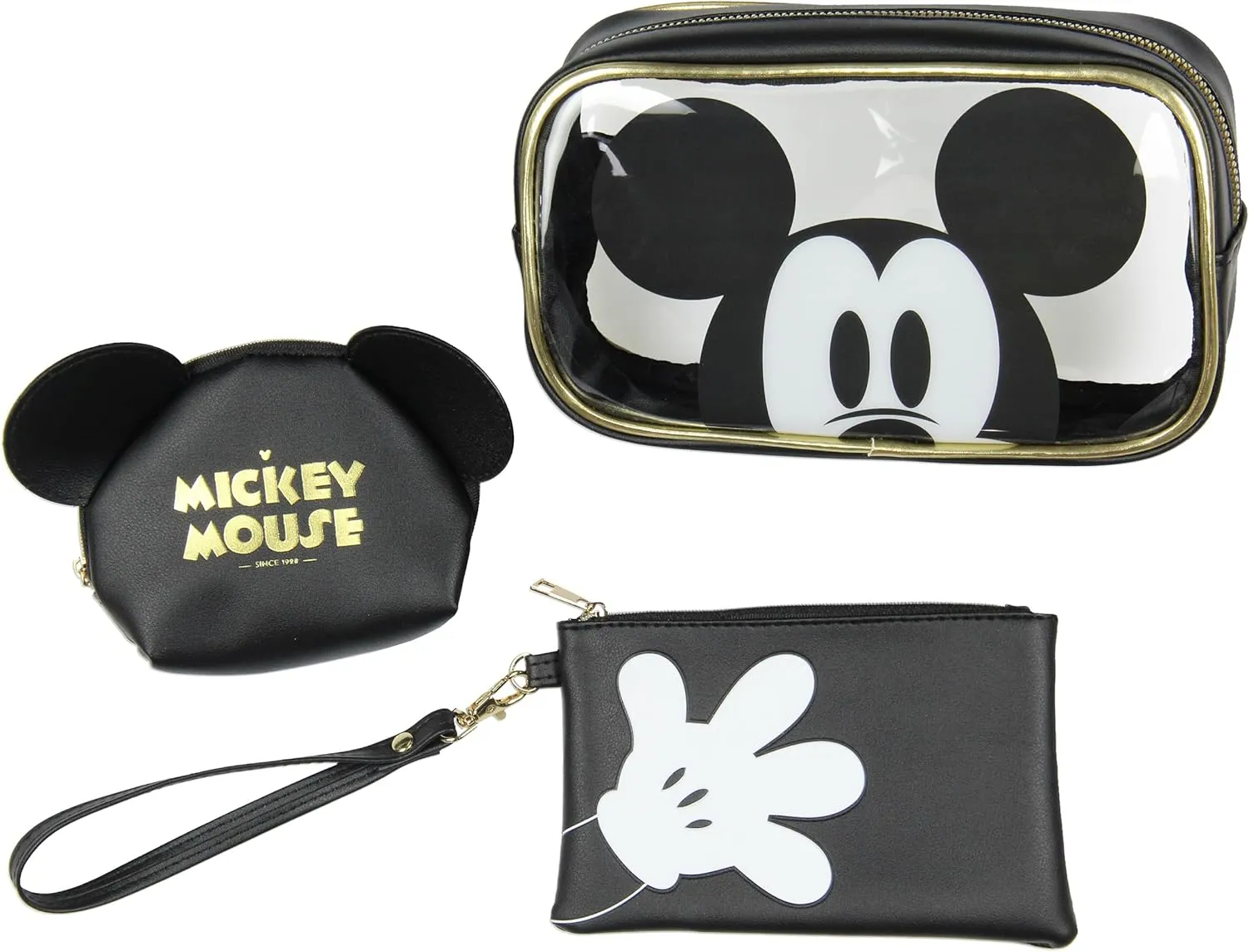 Bioworld Disney Mickey Mouse 3-Piece Toiletry Bag Set With Clear Cosmetic Bag Beauty Essentials Storage Gift Set