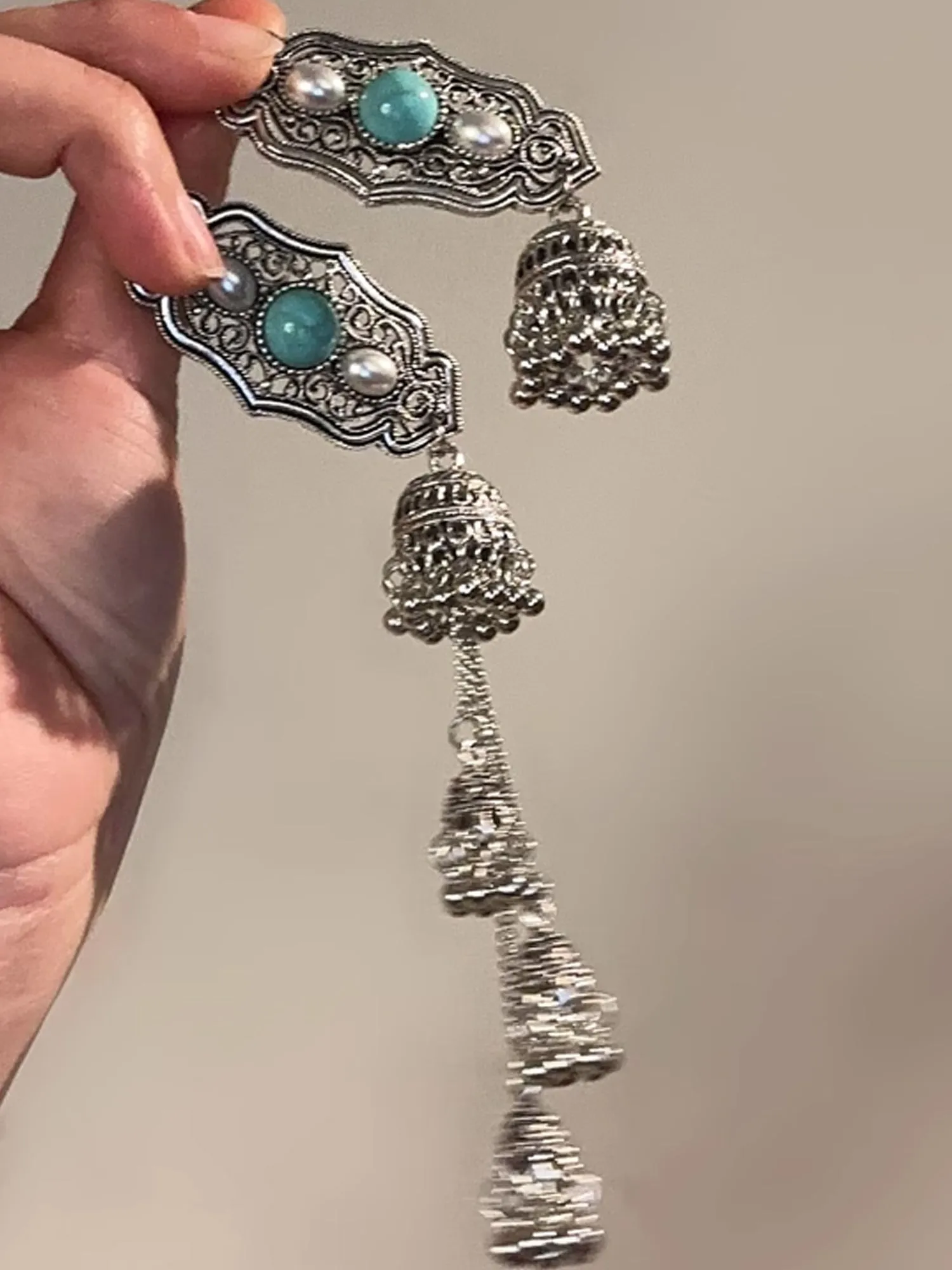 Boho Turquoise & Pearl Hair Clip - Vintage Silver Barrette with Tassel Bell Charms NE006