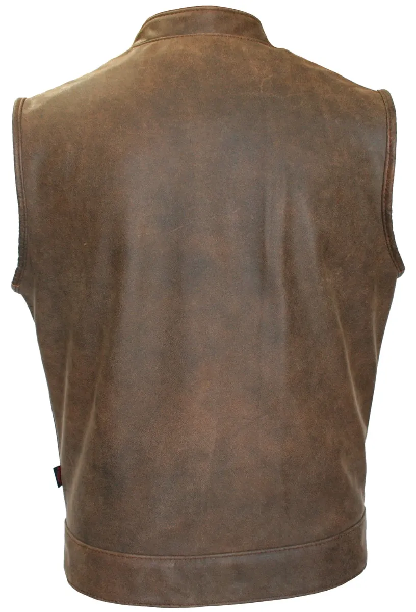 Brown Vintage Biker Cut Vest Concealed Snap / Zipper