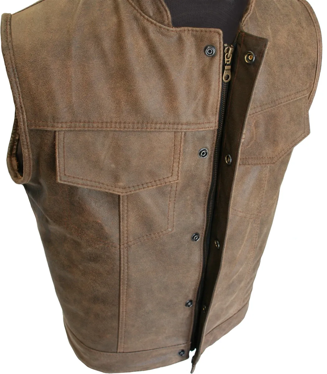 Brown Vintage Biker Cut Vest Concealed Snap / Zipper