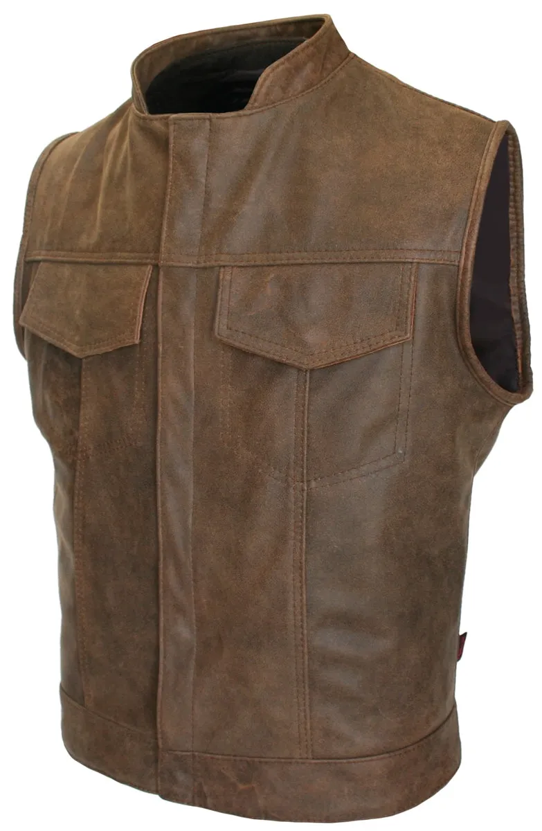 Brown Vintage Biker Cut Vest Concealed Snap / Zipper