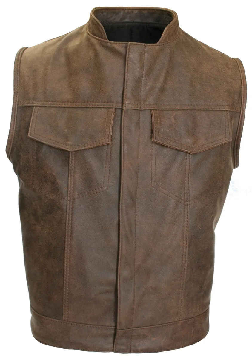 Brown Vintage Biker Cut Vest Concealed Snap / Zipper