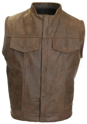 Brown Vintage Biker Cut Vest Concealed Snap / Zipper