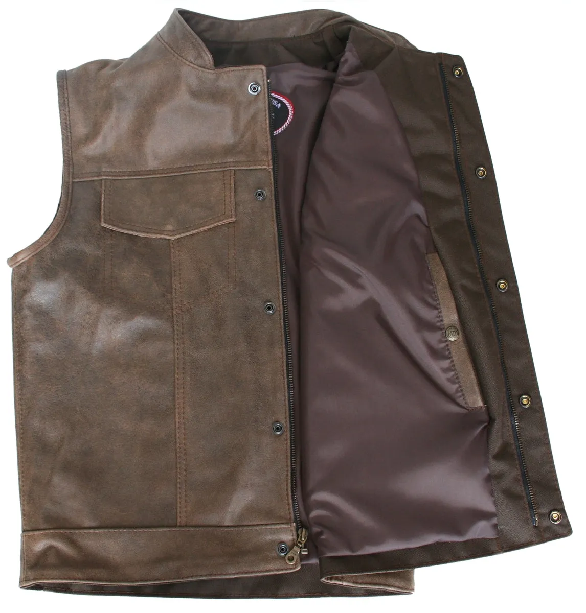 Brown Vintage Biker Cut Vest Concealed Snap / Zipper