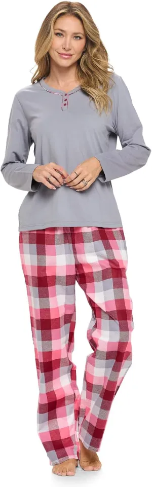 Casual Nights Women's Jersey Knit Long-Sleeve Top and Soft Flannel Bottom Pajama Set