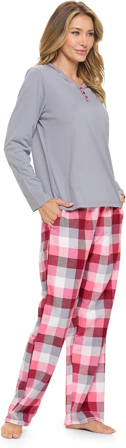 Casual Nights Women's Jersey Knit Long-Sleeve Top and Soft Flannel Bottom Pajama Set