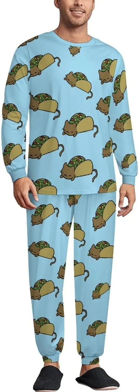 Cat Soft Men's Pajama Set Warm Sleepwear Loungewear Long Sleeve Top & Bottom PJs
