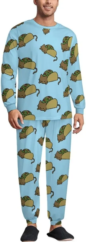 Cat Soft Men's Pajama Set Warm Sleepwear Loungewear Long Sleeve Top & Bottom PJs