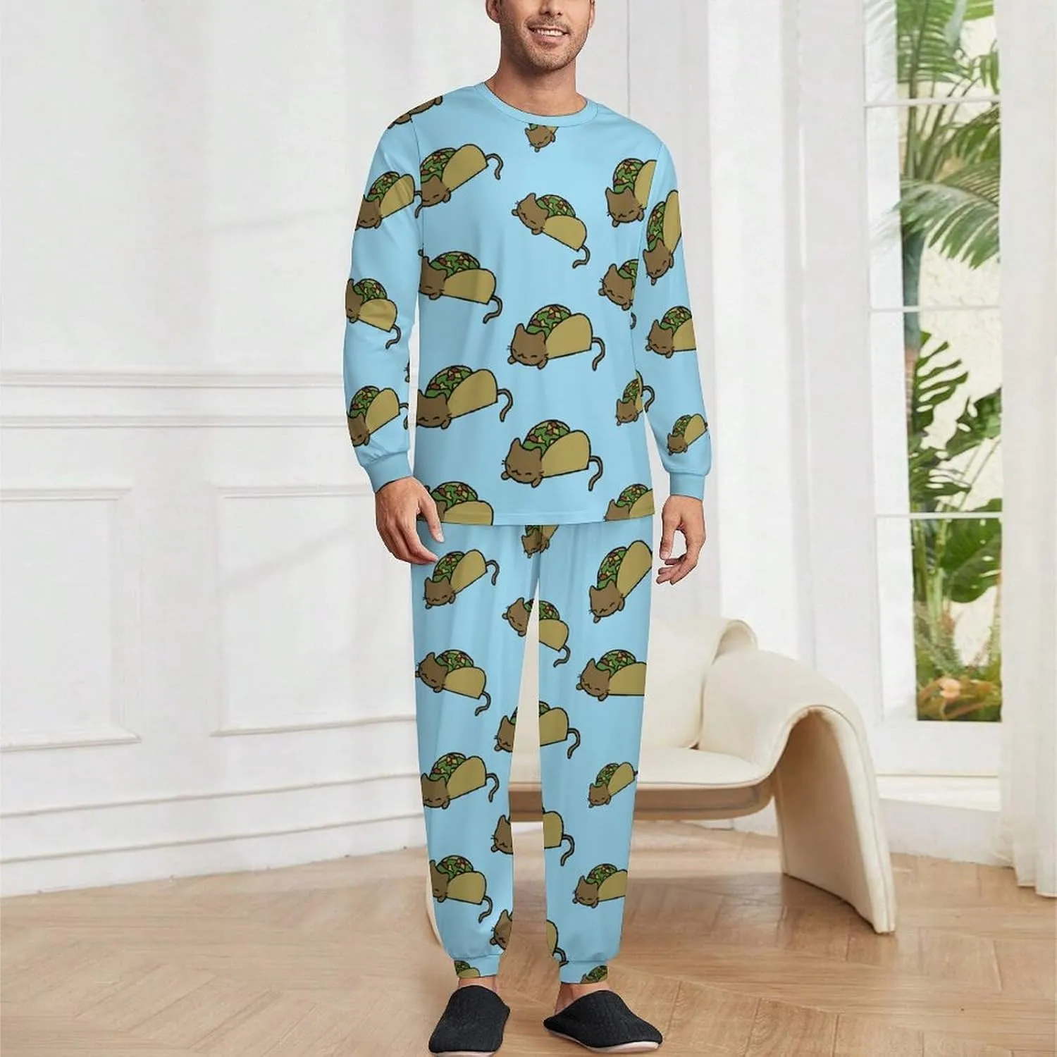 Cat Soft Men's Pajama Set Warm Sleepwear Loungewear Long Sleeve Top & Bottom PJs