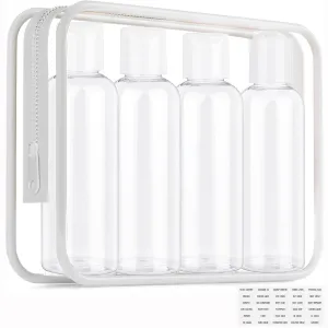 Clear Toiletry Travel Bottles, 3.4oz/100ml TSA Approved Empty Containers with Toiletry Bag - Cosmetic Kit with Labels for Shampoo, Conditioner, Lotion, and Airplane Accessories(4Pack, White)