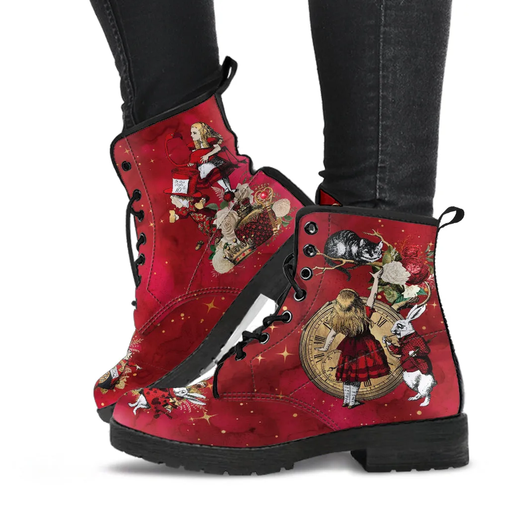 Combat Boots - Alice in Wonderland Gifts #114 Red Series, Birthday Gifts, Gift Idea, Women's Boots, Custom Shoes Boho, Aesthetic Shoes
