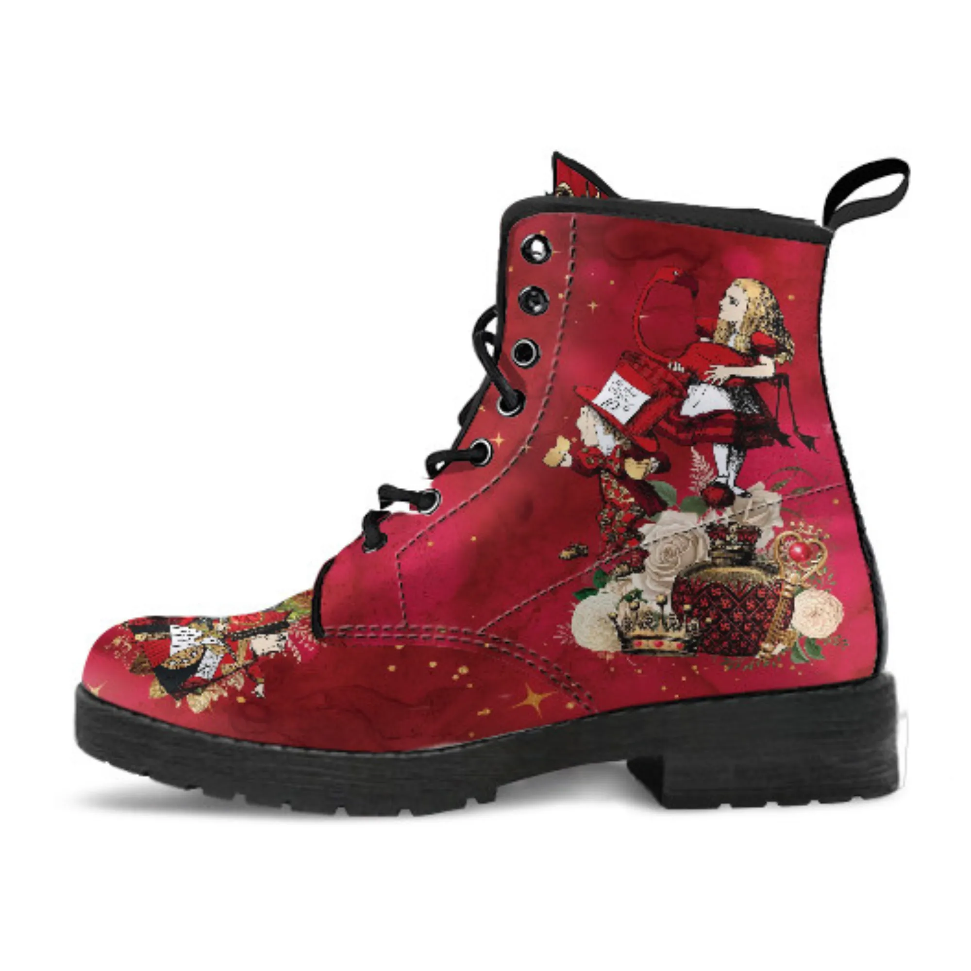 Combat Boots - Alice in Wonderland Gifts #114 Red Series, Birthday Gifts, Gift Idea, Women's Boots, Custom Shoes Boho, Aesthetic Shoes