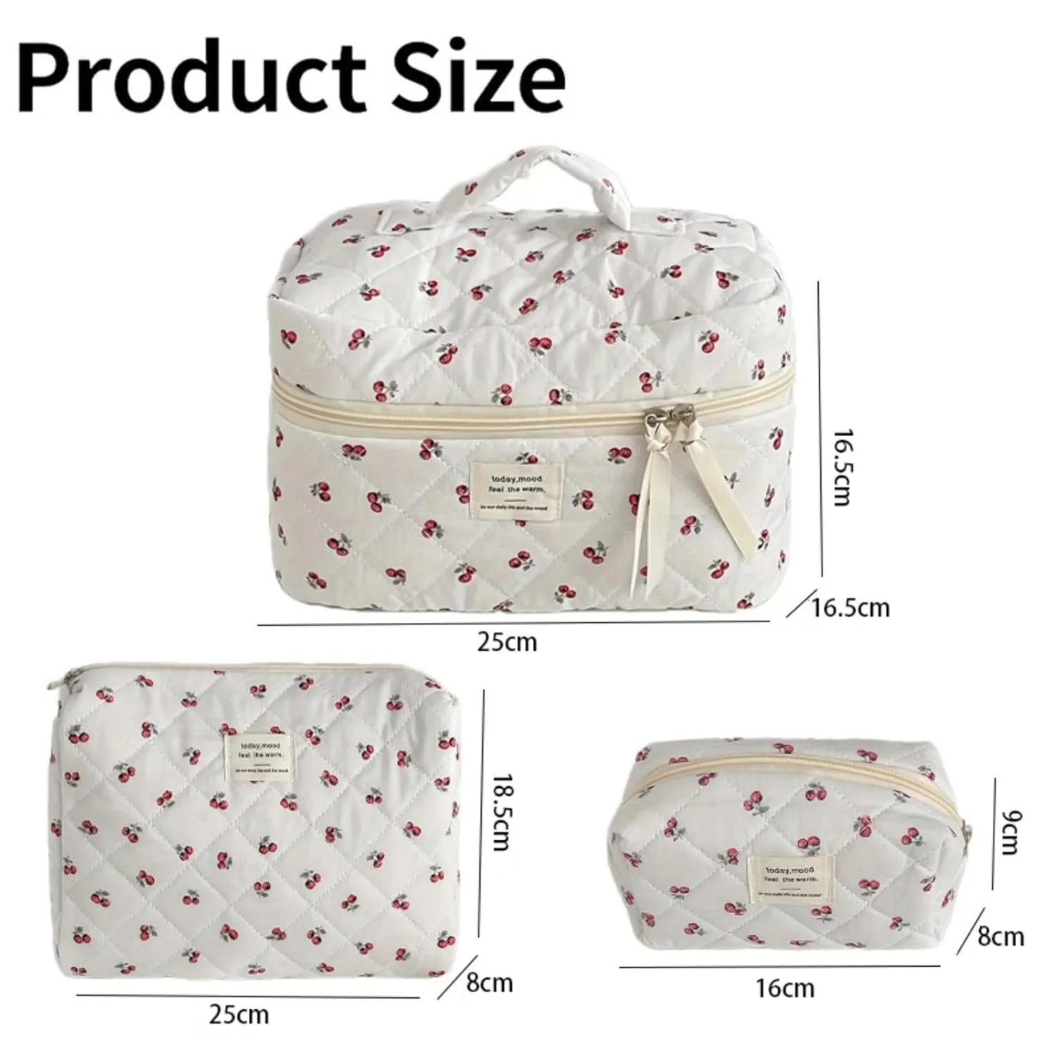 Cosmetic Bag Set of 3 Quilted Make Up Pouch Set Red cherry Make Up Bag Cute Cotton Travel Toiletry Bag for Women Girls (D)