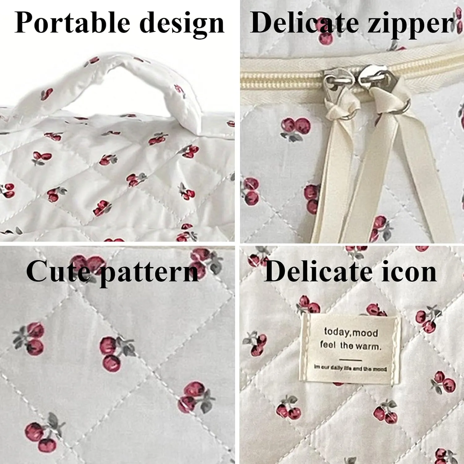 Cosmetic Bag Set of 3 Quilted Make Up Pouch Set Red cherry Make Up Bag Cute Cotton Travel Toiletry Bag for Women Girls (D)