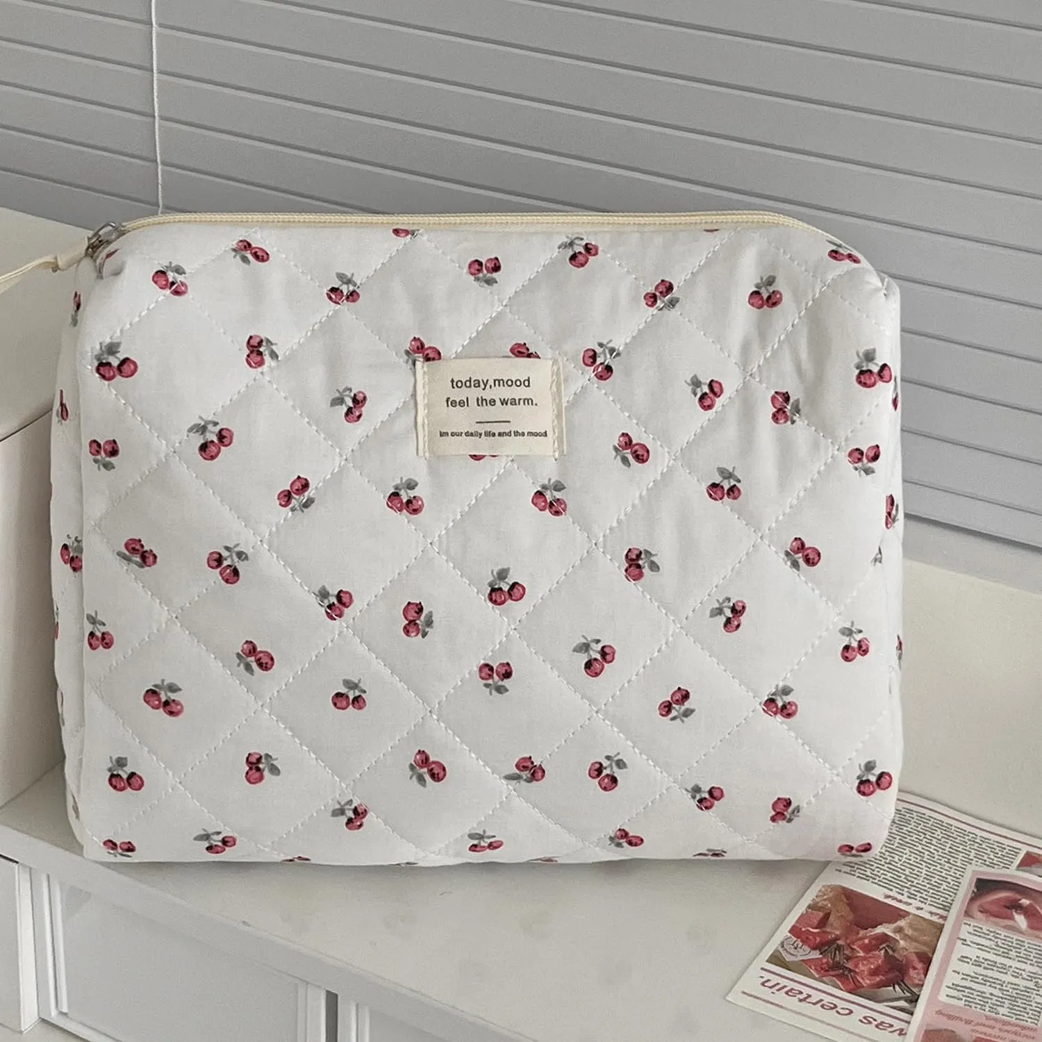 Cosmetic Bag Set of 3 Quilted Make Up Pouch Set Red cherry Make Up Bag Cute Cotton Travel Toiletry Bag for Women Girls (D)